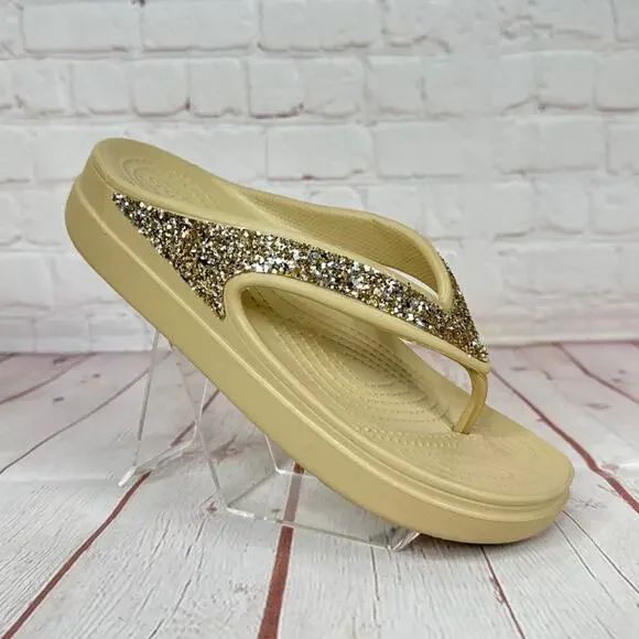 CROCS Shoes New Crocs Sloane Glitter Gold Wedge Flip Flop